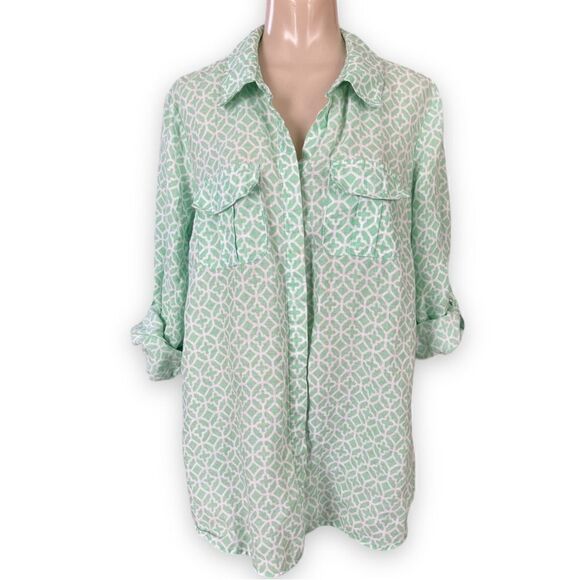 Charter Club Woman Linen Pattern Long Sleeve Button Tab Semi Sheer Blouse - Picture 7 of 15